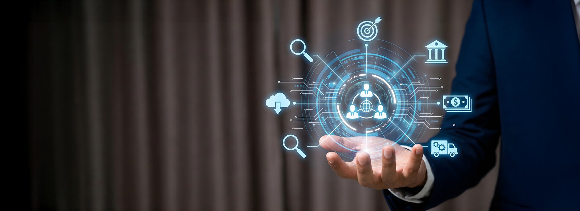 Digitale Geschäftsoberfläche mit vernetzten Finanzsymbolen