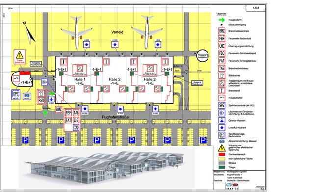 Flughafenplan mit Brandschutz und Hallen