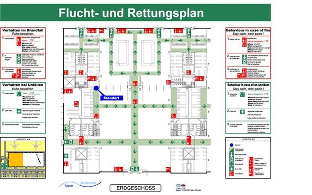 Fluchtplan Erdgeschoss mit Sicherheitsanweisungen